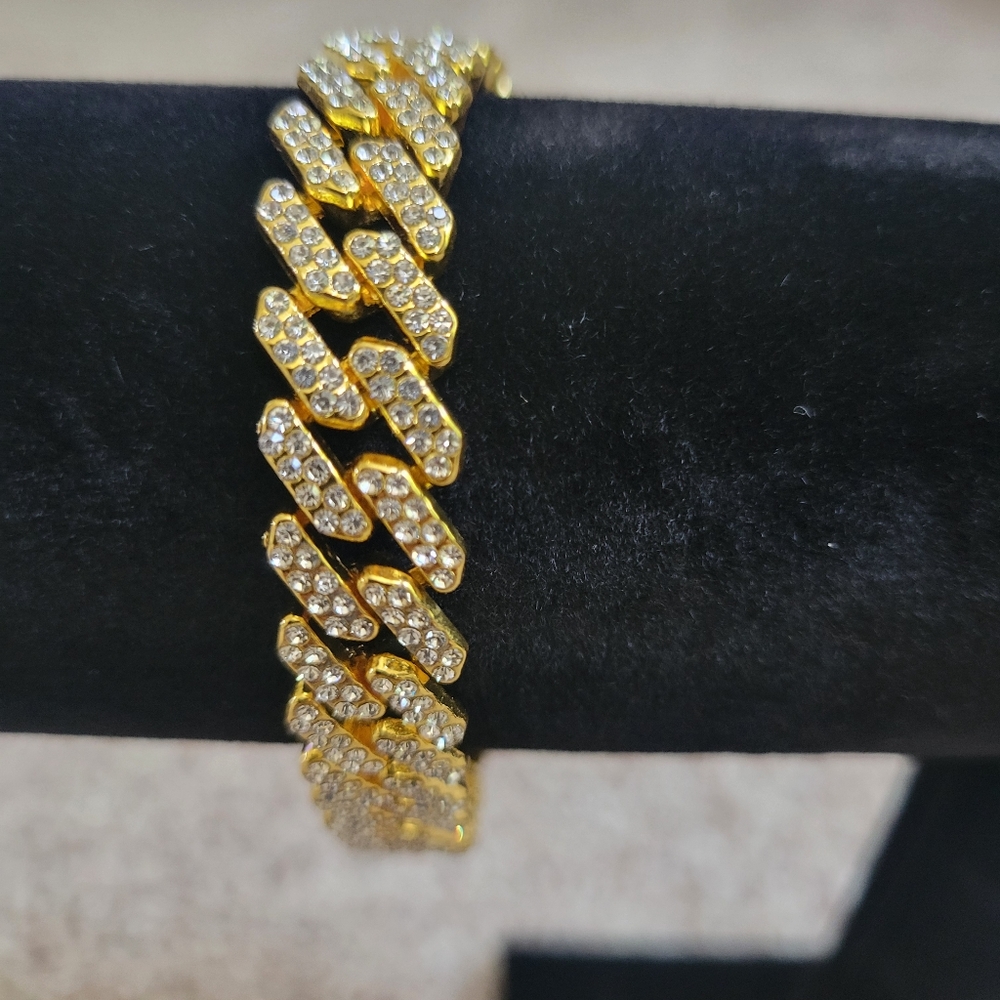 12mm 14K Gold Plated Iced Out Cuban Link Bracelet Chain 8' Long